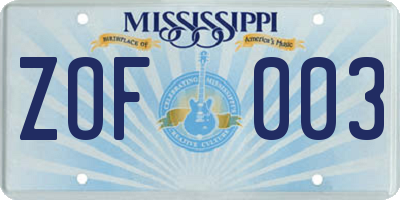MS license plate ZOF003