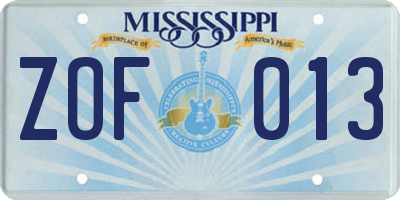 MS license plate ZOF013