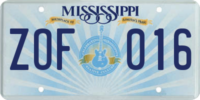 MS license plate ZOF016