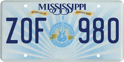 MS license plate ZOF980