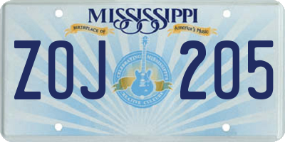MS license plate ZOJ205