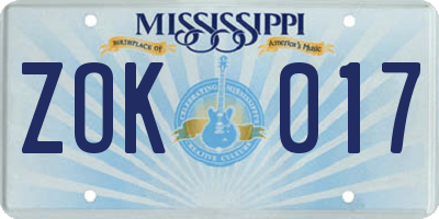 MS license plate ZOK017
