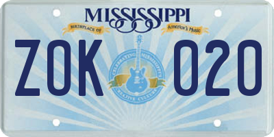 MS license plate ZOK020