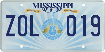 MS license plate ZOL019