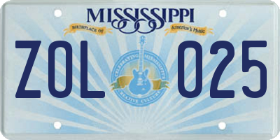 MS license plate ZOL025