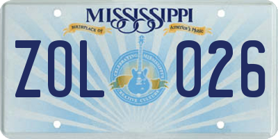 MS license plate ZOL026