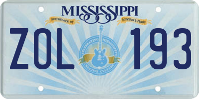 MS license plate ZOL193