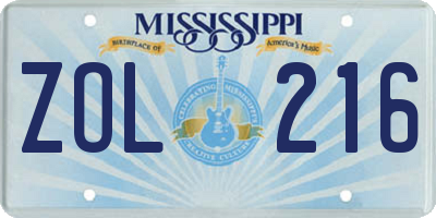 MS license plate ZOL216
