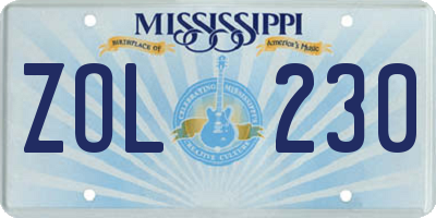 MS license plate ZOL230