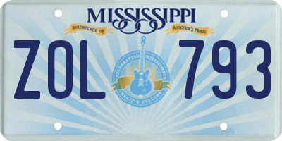 MS license plate ZOL793