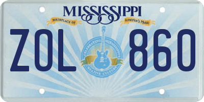 MS license plate ZOL860