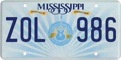 MS license plate ZOL986