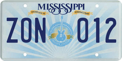 MS license plate ZON012