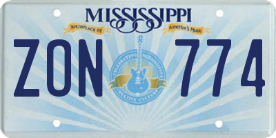 MS license plate ZON774