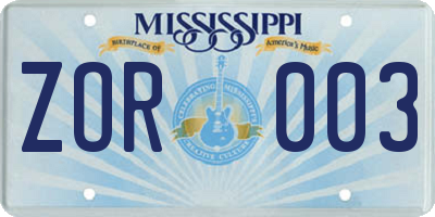 MS license plate ZOR003