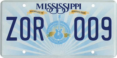 MS license plate ZOR009