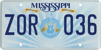 MS license plate ZOR036