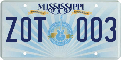MS license plate ZOT003