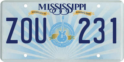 MS license plate ZOU231