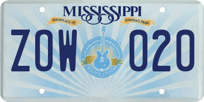 MS license plate ZOW020