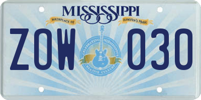 MS license plate ZOW030