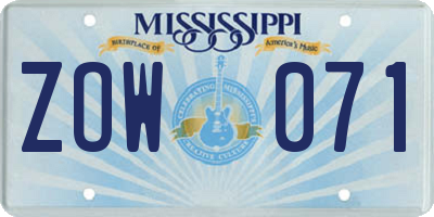 MS license plate ZOW071