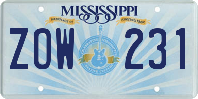 MS license plate ZOW231