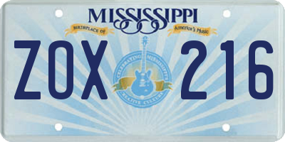 MS license plate ZOX216