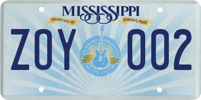 MS license plate ZOY002