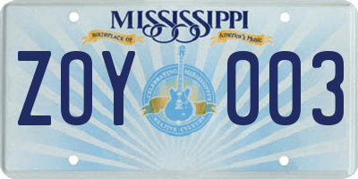 MS license plate ZOY003