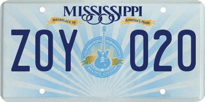 MS license plate ZOY020