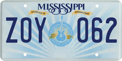 MS license plate ZOY062