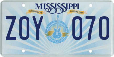 MS license plate ZOY070