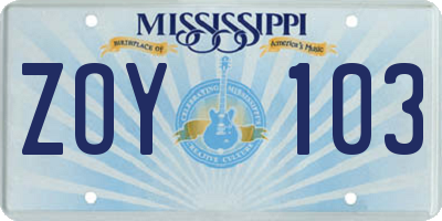 MS license plate ZOY103