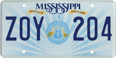 MS license plate ZOY204