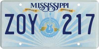 MS license plate ZOY217