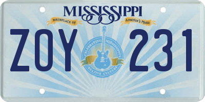 MS license plate ZOY231