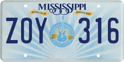 MS license plate ZOY316