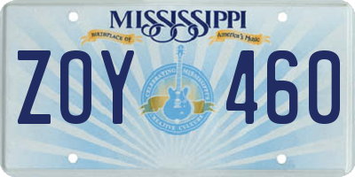 MS license plate ZOY460
