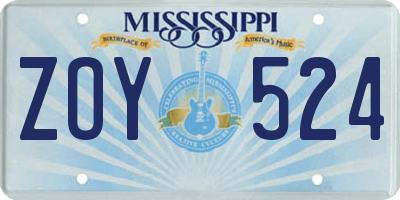 MS license plate ZOY524