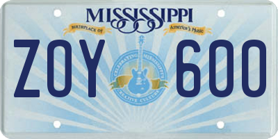 MS license plate ZOY600