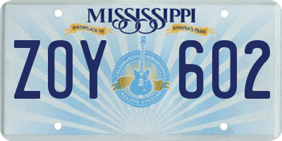 MS license plate ZOY602