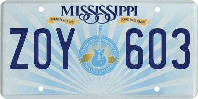 MS license plate ZOY603