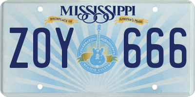 MS license plate ZOY666