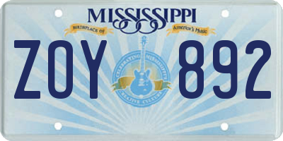MS license plate ZOY892