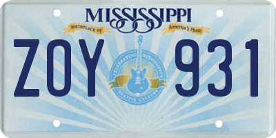 MS license plate ZOY931