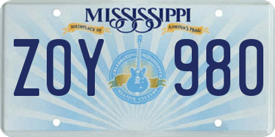 MS license plate ZOY980