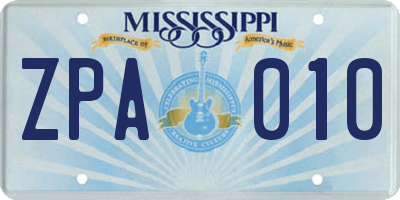MS license plate ZPA010