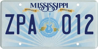 MS license plate ZPA012