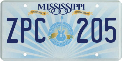 MS license plate ZPC205